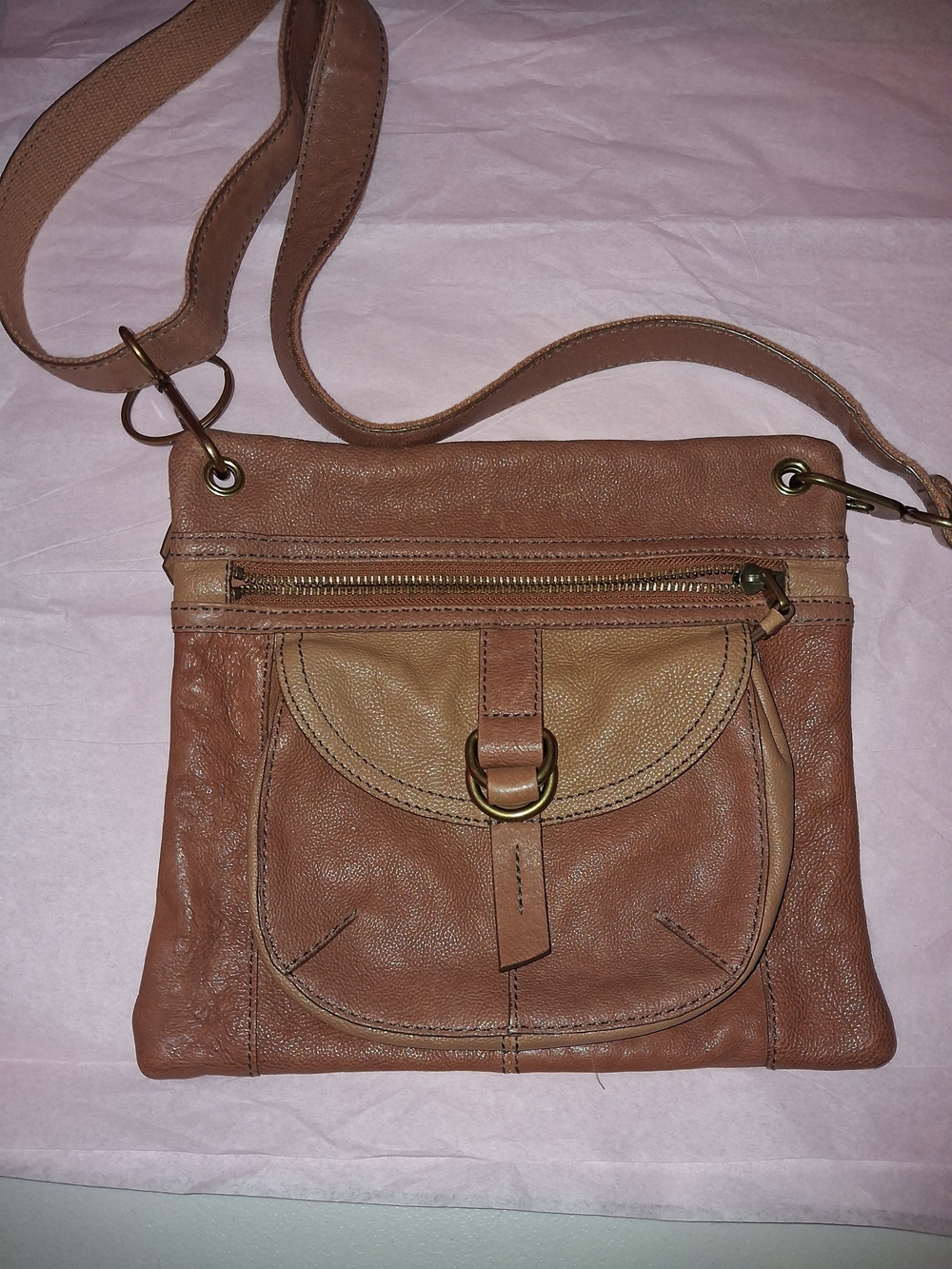Fossil Brown Leather Crossbody Bag Multi-Pocket Shoulder Handbag